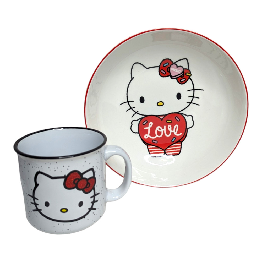 Hello Kitty Ceramic Large‎ Serving Bowl & Mug Dish Set Hearts Red & White NEW